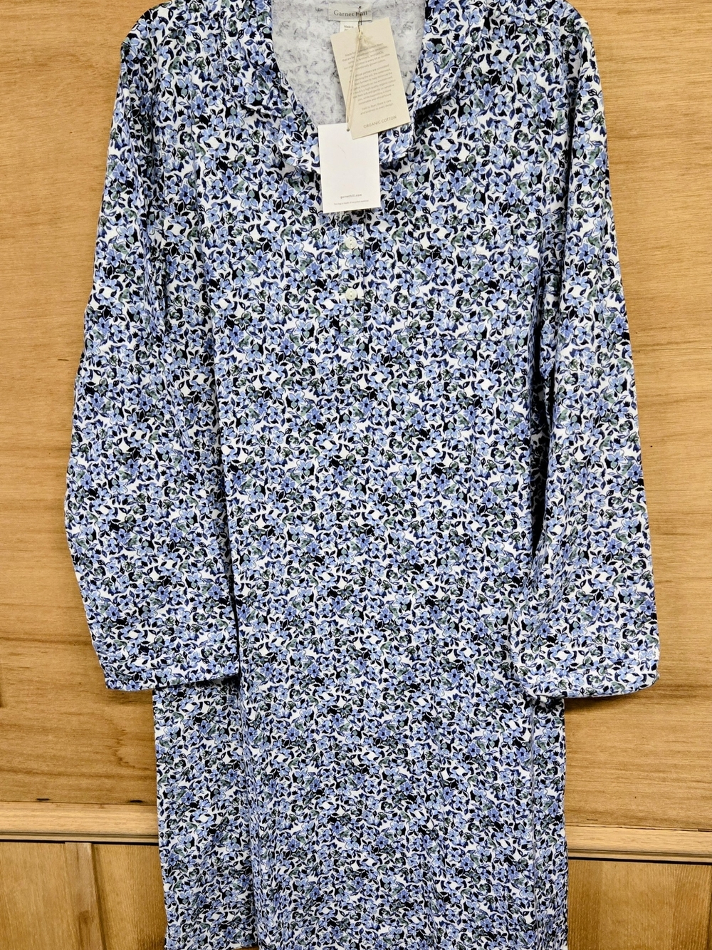 Garnet Hill Blue Floral Long Sleeve Nightgown Fleece